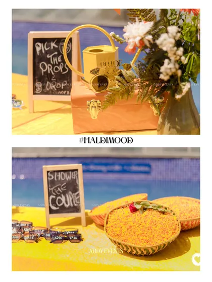 Fun and interactive details for guests, including a prop station and baskets of marigold petals to "Shower the Couple."