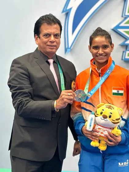 Celebrating the success of Ms. Rusha Tambat, who won a silver medal at the Asian Karate Championship. As President of KIO, I announced a cash award of ₹1,51,000 to recognize her outstanding performance and support her journey.