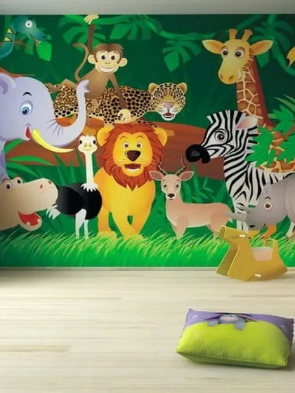A full wall covered in a vibrant jungle animal mural. This design features a wide variety of animals, from elephants and lions to monkeys and deer, creating a lively and educational backdrop.