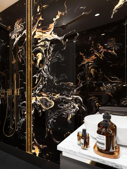 A dramatic washroom clad in black and gold marble. My rendering captures the fluid, lava-like pattern of the stone and the gleam of the gold fixtures.