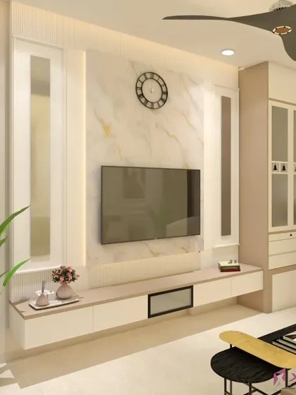 This is a 3D render we created for a client's living room. It shows a floating TV console against a marble-finish wall with vertical fluted panels, helping the client visualize the final look before we begin work.