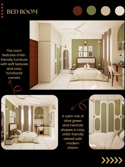 Designed as a child-friendly retreat, this bedroom features a calm mix of olive green and neutral tones. The furniture has soft, rounded edges, and the layout includes a cozy study corner, making it a safe and functional space for a child to grow.