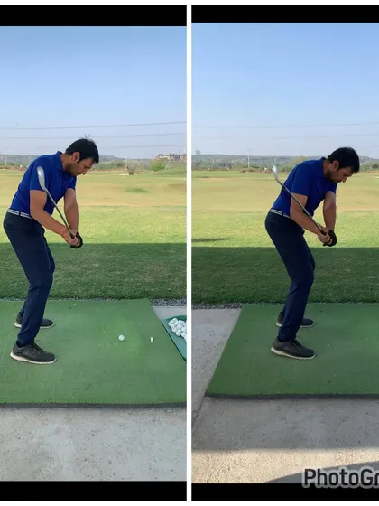 Here we are changing the club path to convert push cuts into high fades. The 'before' swing had the club rolling inside early, leading to an open face and a steep downswing.