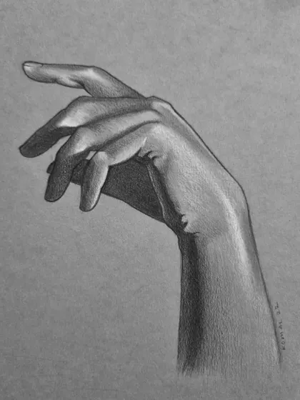 A study of a hand on toned grey paper, where I practiced mastering the flow of lines and creating graceful forms.