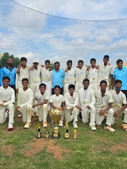 The victorious U16 team posing with the Save Water Cup trophy and their individual awards after winning the final.
