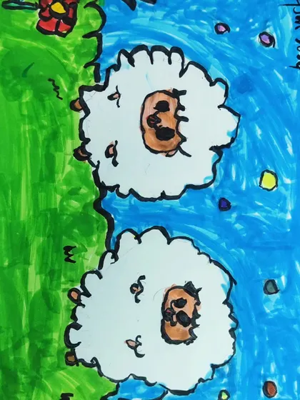 A close-up view of the two sheep drawing, showing the simple shapes and fun details the student added.