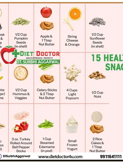 Snacking can be healthy if you make smart choices. This infographic provides 15 healthy snack ideas, such as Greek yogurt with berries, apple with nut butter, and hummus with veggies, to keep you satisfied between meals.