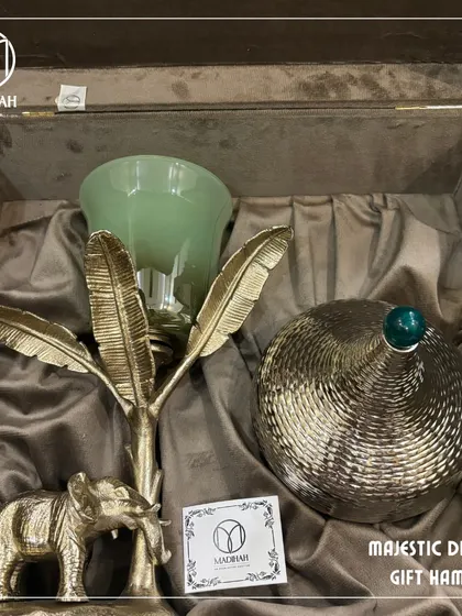 Another perspective of the Majestic Diwali Hamper, showing the rich texture of the velvet box and the gleam of the brass decor. I focus on creating a complete sensory experience.