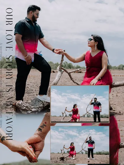 A creative pre-wedding collage combining portraits and detail shots in a dynamic layout.