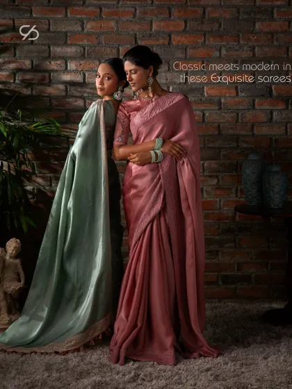 Classic meets modern in these exquisite sarees. Two models showcase my pastel organza sarees in sea green and dusty rose, perfect for a chic, contemporary look.