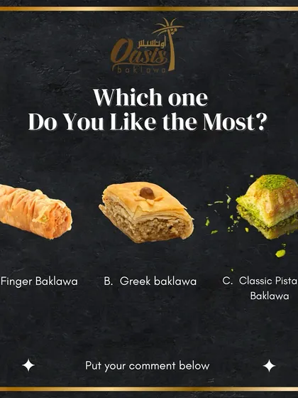 Which one do you like the most? A fun post asking our followers to choose between Finger Baklava, Greek Baklava, and Classic Pistachio Baklava.