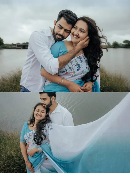 A collage of a couple's romantic and candid moments by the water, capturing their natural chemistry.