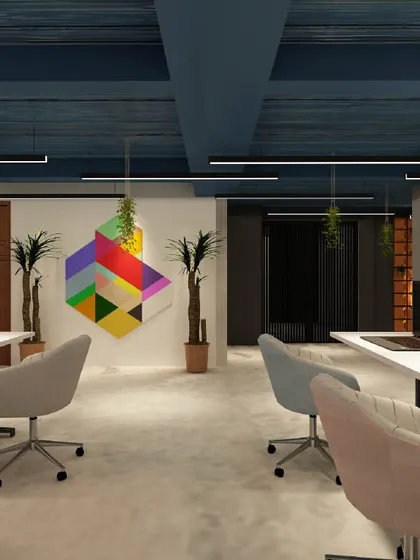 Another view of the creative workspace, showing how different colors and art pieces are used to break the monotony and inspire the team.