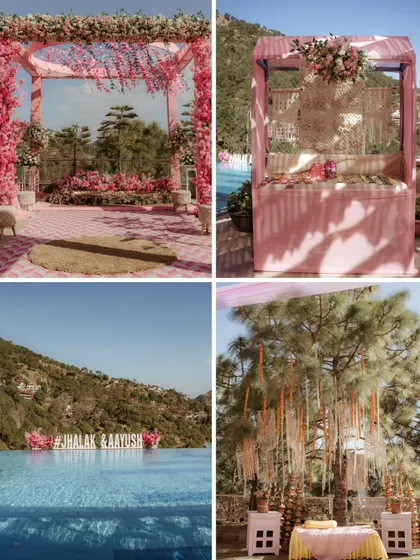 Capturing the beautiful decor and stunning location of a destination Haldi. This collage shows the poolside setup and floral arrangements that made this Kasauli wedding so special.
