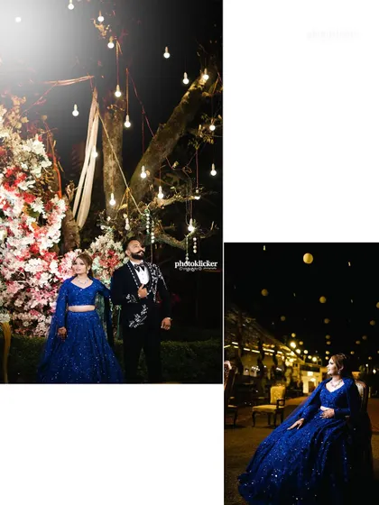 A creative composition showing the couple posing against the beautifully lit wedding decor, highlighting their coordinated outfits and the event's romantic ambiance.