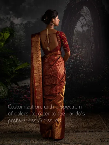 My customization options, with a spectrum of colors, cater to every bride's preferences. This view shows the full drape of a custom-woven Kanchipuram saree.