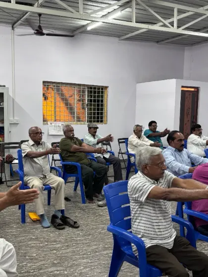 Our Prāṇa Sañjīvini program in action, empowering senior citizens with Pranayama. These chair-based breathing exercises are designed to enhance vitality and promote graceful aging.