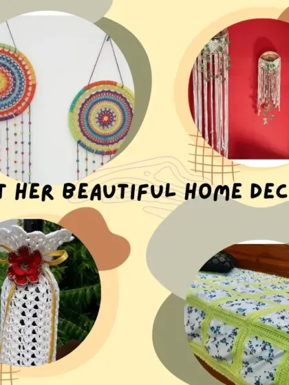 A collage of our beautiful home decor items. This includes colorful mandala wall hangings, macramé art, a crochet vase cover, and a bedspread with a delicate crochet lace border.