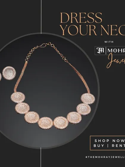 A graphic showcasing our modern rose-gold toned disc necklace set, a stylish and contemporary option available for both rent and purchase.