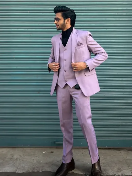 The full three-piece lavender suit, a modern and fashionable rental option for any special occasion.
