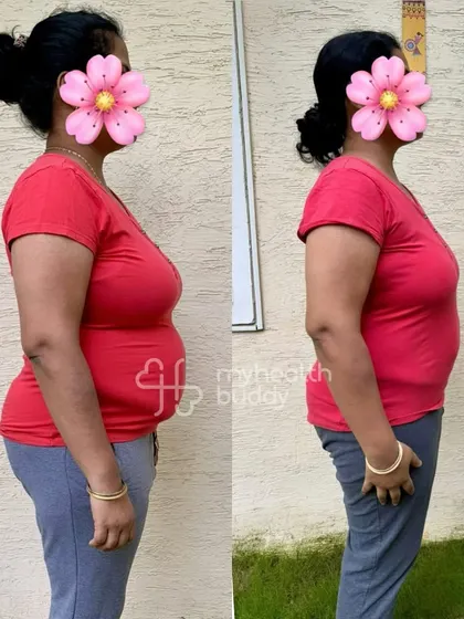 Side view of her progress, showing a flatter stomach and a more confident stance.