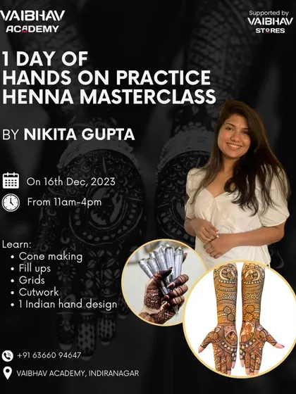 Our one-day henna masterclasses are designed to be intensive and practical. This poster shows a typical curriculum where we cover essential skills like cone making, grid work, and fillers, culminating in a full Indian hand design.