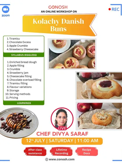 This workshop on Kolachy Danish Buns covers everything from the enriched bread dough to delicious fillings like apple crumble and strawberry cheesecake. All recipes are eggless.