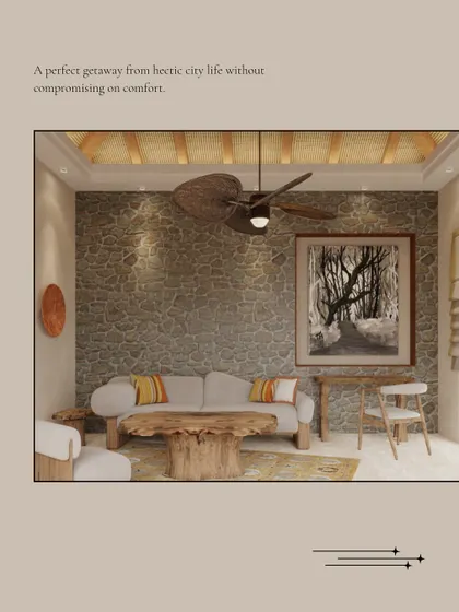 A design rendering of a living space in Dev Villas, created as a perfect getaway from hectic city life. The focus is on comfort and tranquility, with natural textures and a connection to the outdoors.