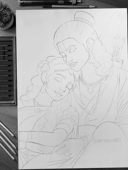 The work-in-progress pencil outline for the Siya Ram artwork. This shows the foundational drawing that sets the stage for the final colored pencil piece.