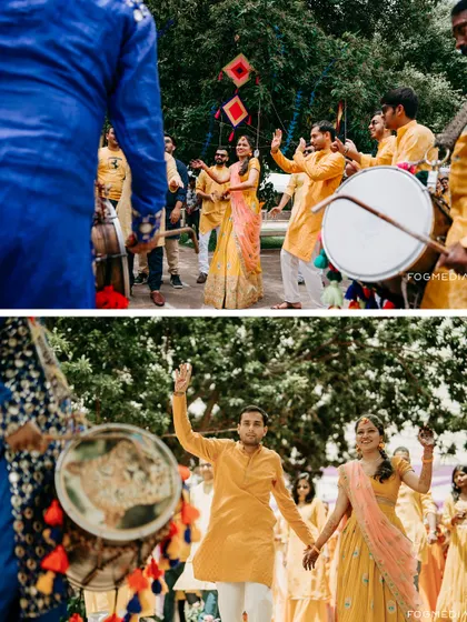 The grand entrance to the Haldi ceremony, filled with the energy of dhol players and dancing family members. We capture the entire procession to tell the full story of your celebration.