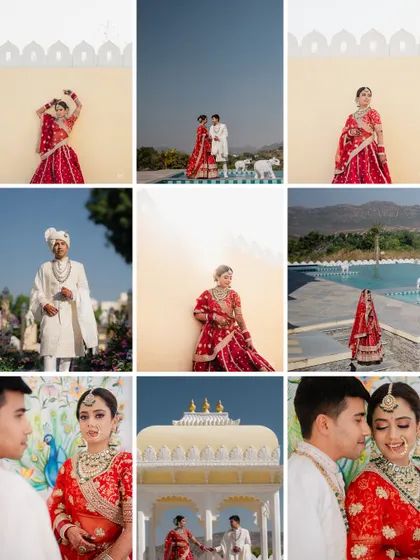 A collage of beautiful moments from an Udaipur wedding, from stunning couple portraits against the blue sky to intimate glances during the ceremony.