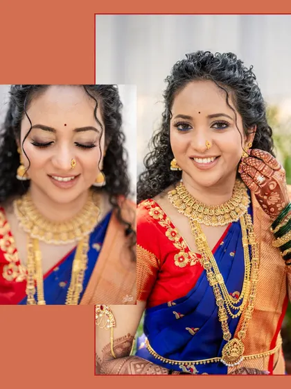 A collage of close-up bridal portraits, highlighting her intricate gold jewelry, beautiful makeup, and the rich details of her Maharashtrian bridal look.