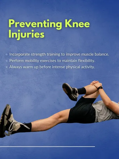 A summary graphic on preventing knee injuries, emphasizing the importance of incorporating strength training, mobility exercises, and proper warm-ups into any fitness routine.
