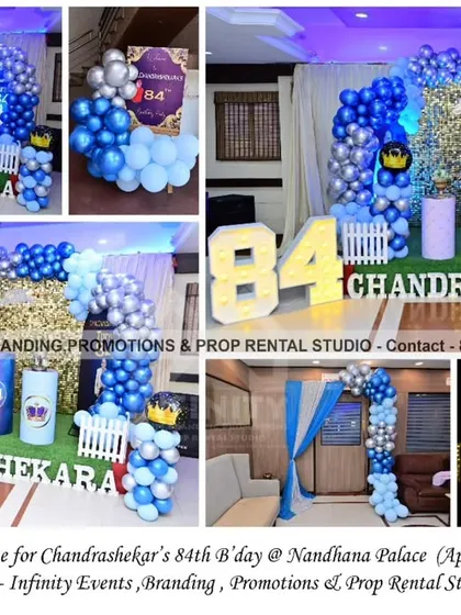 Celebrating an 84th birthday with a Royal Prince theme is a wonderful way to honor a patriarch. This setup at Nandhana Palace uses a blue and gold color scheme with a sequin backdrop, marquee numbers, and crown motifs to create a distinguished and celebratory atmosphere.