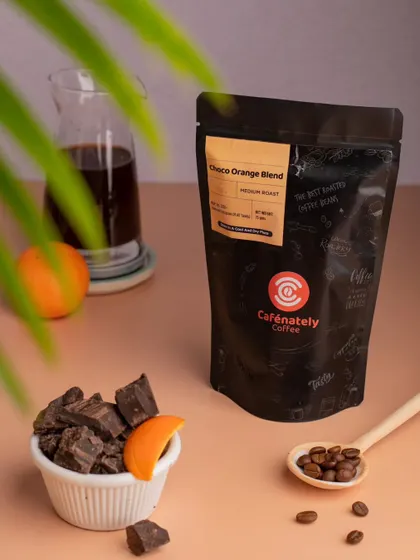 This shot for Cafenately's Choco Orange Blend coffee uses chocolate and orange slices to make the flavor instantly recognizable and tempting to the customer.