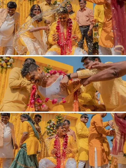 The groom's friends don't hold back during this energetic Haldi ceremony. This series of shots captures the playful chaos, from getting drenched with water to being covered in turmeric.