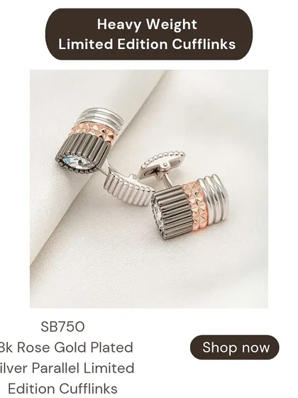 These unique limited edition cufflinks feature a parallel design with a mix of silver, rose gold, and dark rhodium plating. They are a modern and architectural accessory.