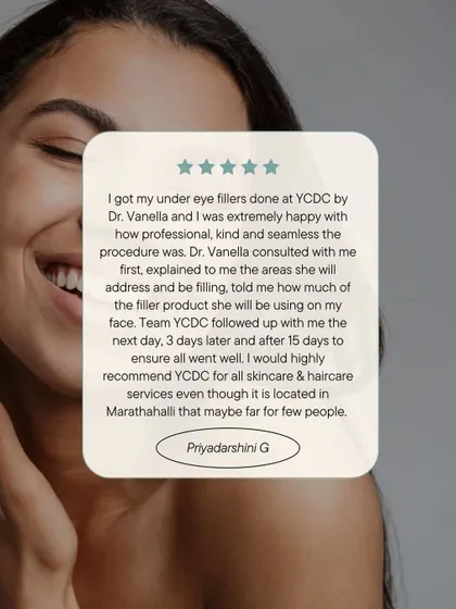 A testimonial from a happy patient, Priyadarshini, who was extremely pleased with her under-eye filler procedure performed by Dr. Vanella. She highlights the professional and seamless experience.