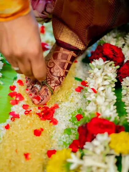 A close-up of the toe ring ritual, a significant and symbolic detail in a South Indian wedding.