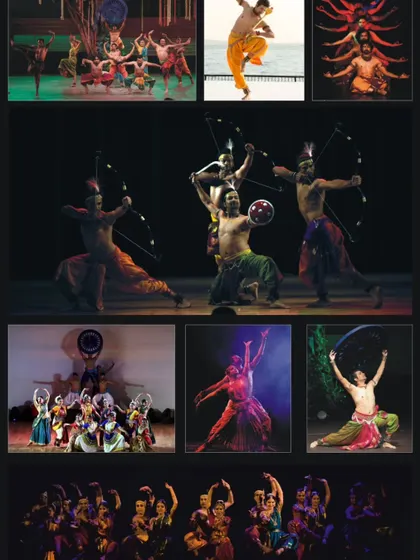 A collage of my signature Mayurbhanj Chhau work. It includes images of solo artists, duets with bows and arrows, and large group formations, showing the versatility of the dance form.