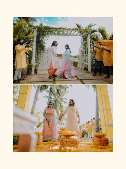 A diptych showing the couple's grand entrance to their Haldi ceremony.