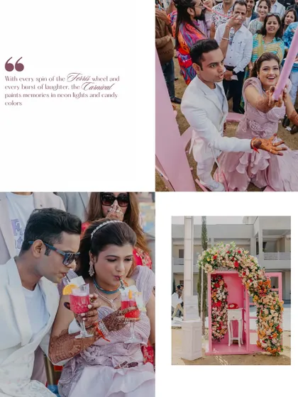 A collage capturing the fun and vibrant atmosphere of a wedding carnival, from a Ferris wheel ride to enjoying colorful drinks. It’s all about celebrating love with joy and playfulness.