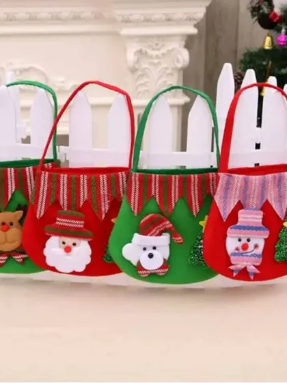 These small Christmas-themed potli bags are perfect for giving out chocolates or small gifts. They feature cute designs like Santa, a reindeer, and a snowman.