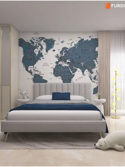 A kids' bedroom concept with a large world map wallpaper, creating an inspiring and educational feature wall.