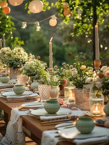 An enchanting garden party tablescape. The overhead string lights and lanterns, combined with fresh floral centerpieces, create a magical, fairytale-like dining experience.
