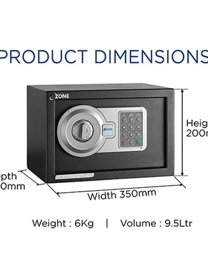 A dimensional graphic of the Agate Laptop Electronic Safe, showing its 9.5-litre volume and compact size.