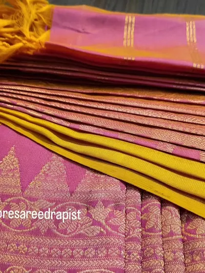 This is an example of my pre-pleated saree service. I meticulously prepare the pleats and fold the saree so it is ready to wear, which is a perfect solution for clients with busy schedules or those traveling for a wedding.
