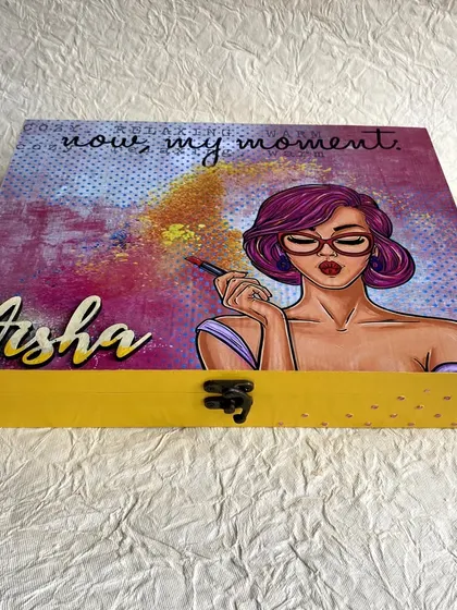 This vibrant jewelry box was the other half of the wedding gift set, personalized for the bride, Aisha, with a chic, pop-art design.