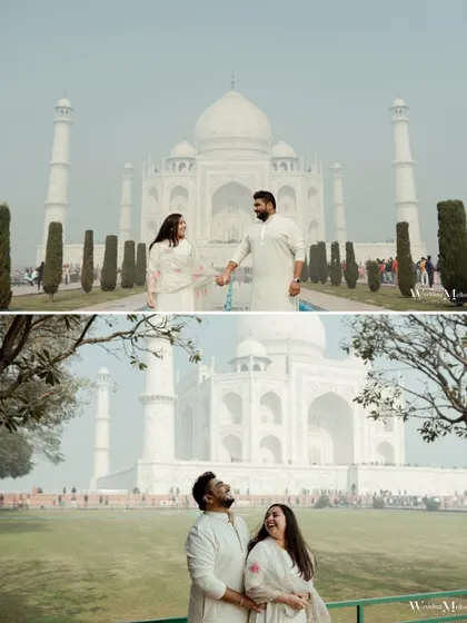 A diptych showcasing the grandeur of the Taj Mahal. These shots capture the scale of the monument and the couple's relationship to it, creating a sense of awe and romance.