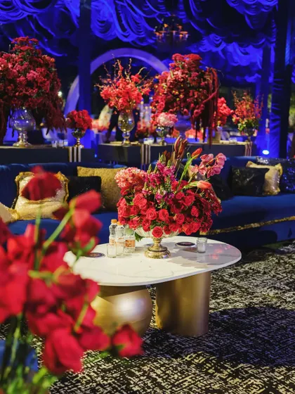 The deep red of the floral arrangements popped beautifully against the navy blue sofas and the dramatic blue lighting of the canopy.